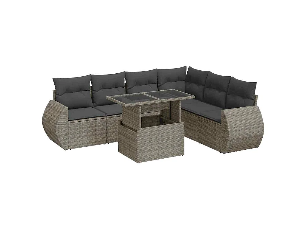 7-tlg. Garten-Sofagarnitur mit Kissen Grau Poly Rattan