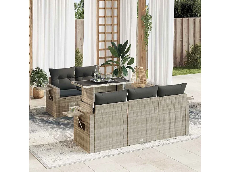 Salon de jardin 6 pcs avec coussins gris clair résine tressée