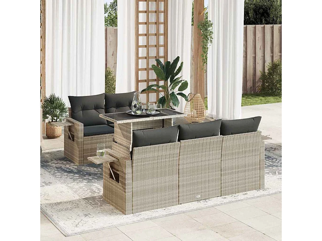 Salon de jardin 6 pcs avec coussins gris clair résine tressée