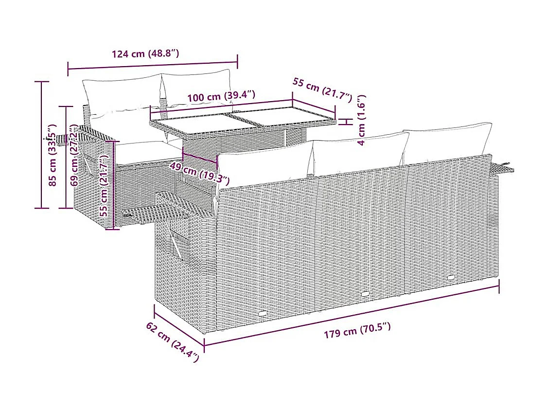 Salon de jardin 6 pcs avec coussins gris clair résine tressée