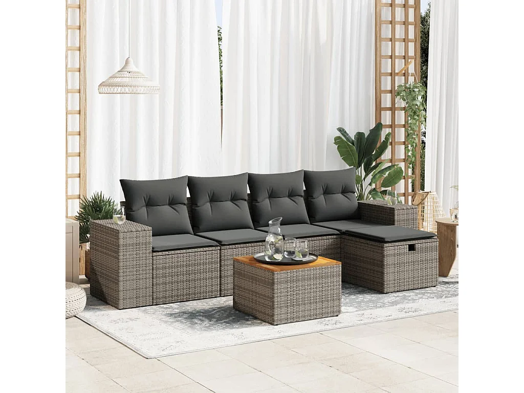 Salon de jardin 6 pcs avec coussins gris résine tressée