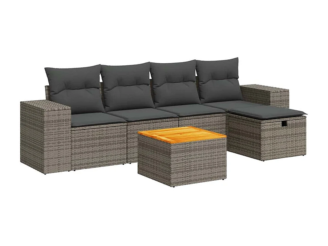Salon de jardin 6 pcs avec coussins gris résine tressée