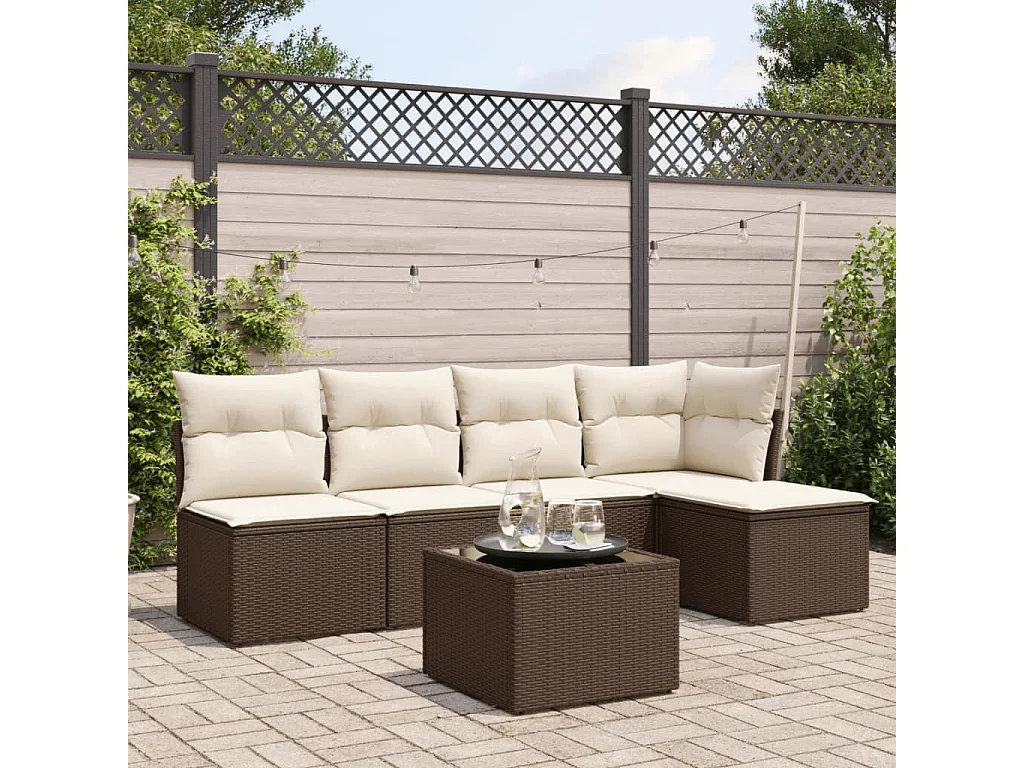 6-delige Loungeset met kussens poly rattan bruin