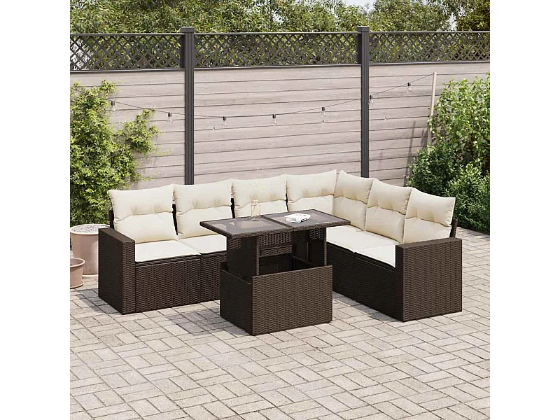 Salon de jardin avec coussins 7 pcs marron résine tressée