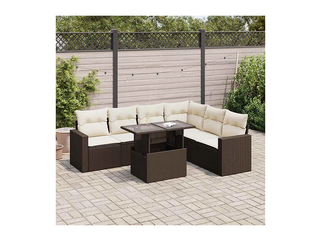 Set Divani da Giardino 7 pz con Cuscini Marrone in Polyrattan