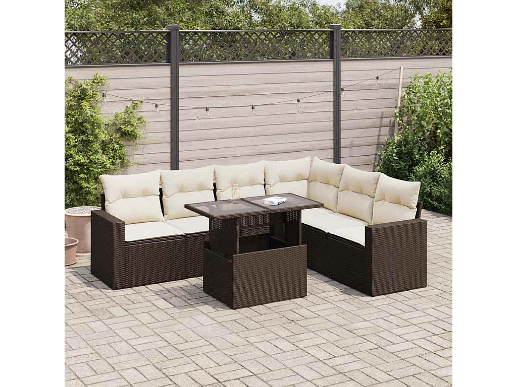 Salon de jardin avec coussins 7 pcs marron résine tressée