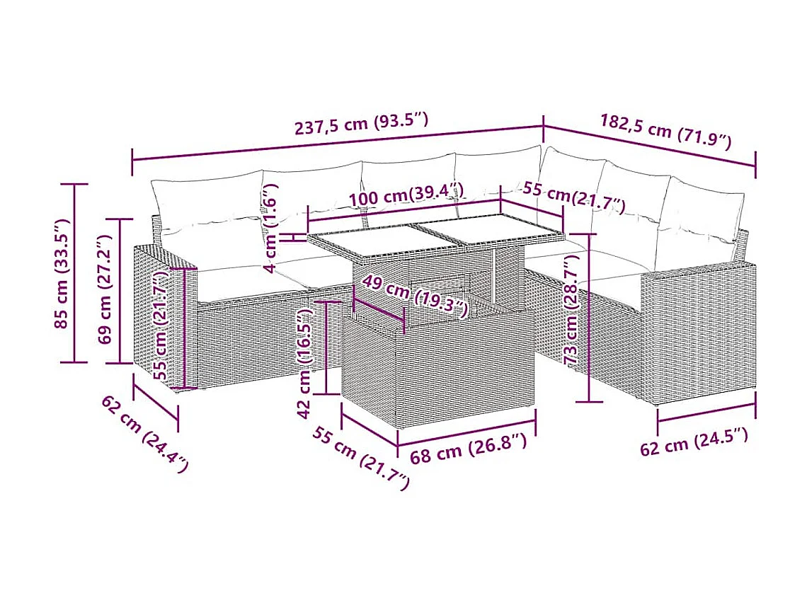 Salon de jardin avec coussins 7 pcs marron résine tressée