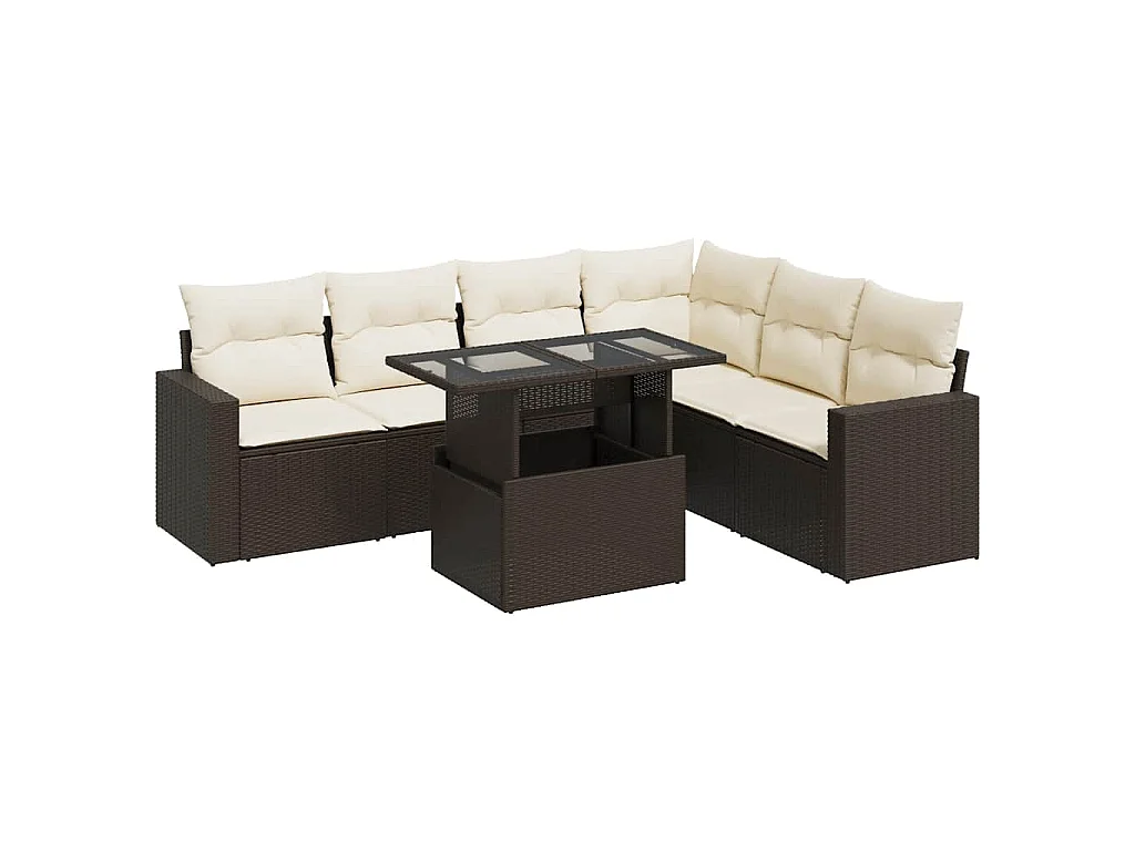 7-delige Loungeset met kussens poly rattan bruin