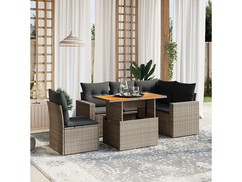 Salon de jardin 6 pcs avec coussins gris résine tressée