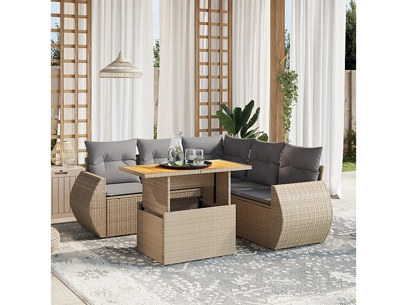 Salon de jardin avec coussins 6 pcs beige résine tressée