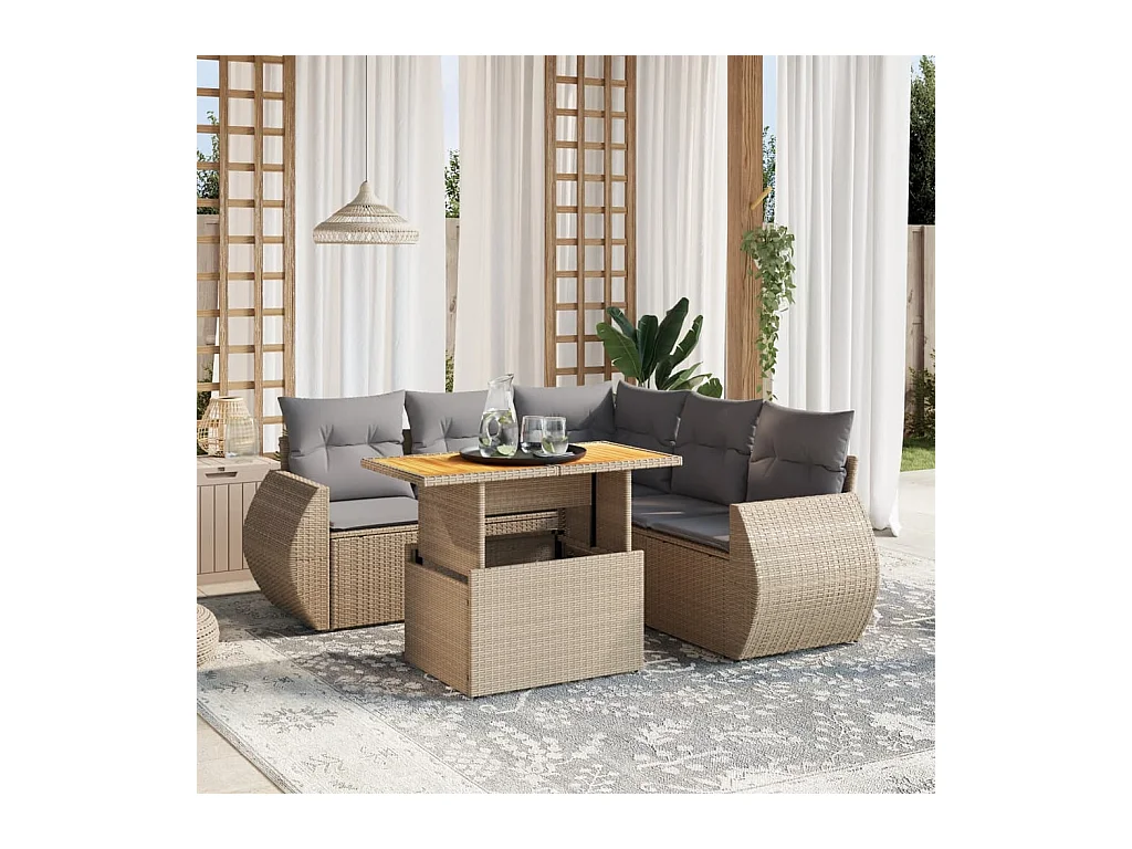 Salon de jardin avec coussins 6 pcs beige résine tressée