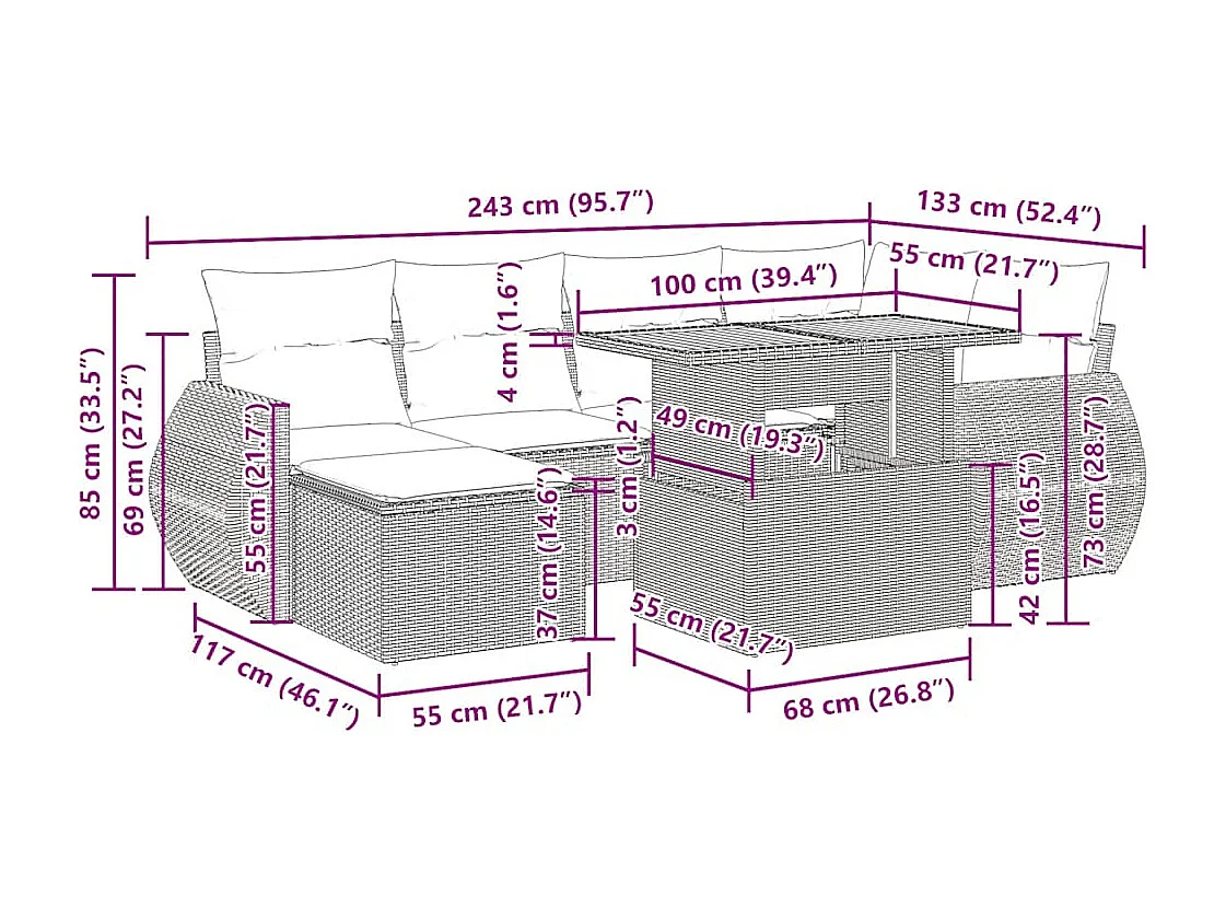 7 pcs conjunto de sofás p/ jardim c/ almofadões vime PE preto