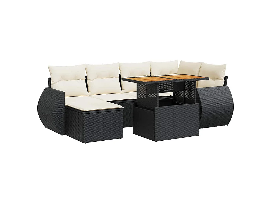 7-delige Loungeset met kussens poly rattan zwart