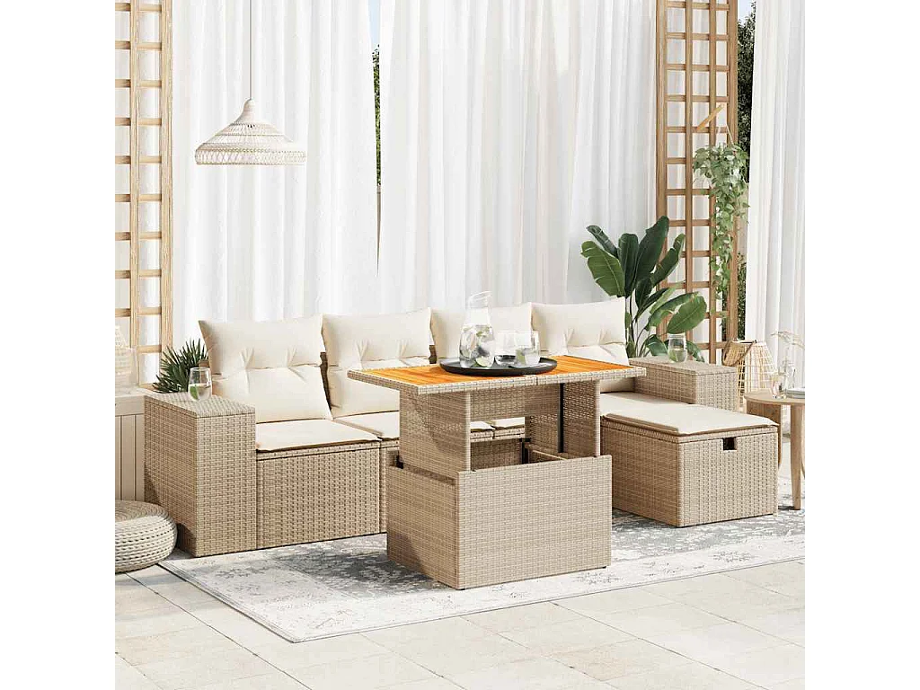 6-tlg. Garten-Sofagarnitur mit Kissen Beige Poly Rattan Akazie