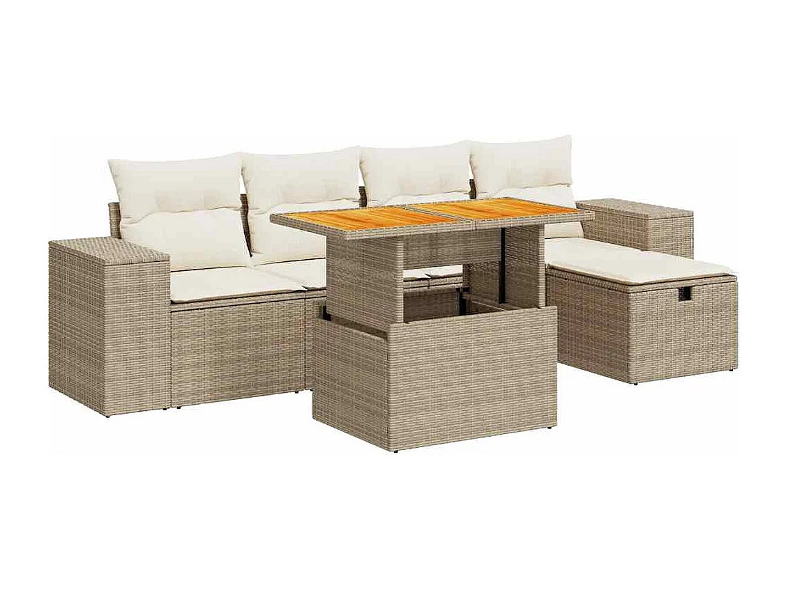 6-tlg. Garten-Sofagarnitur mit Kissen Beige Poly Rattan Akazie