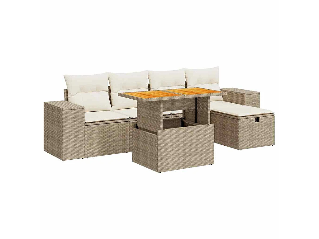 Salon de jardin 6 pcs avec coussins beige résine tressée acacia