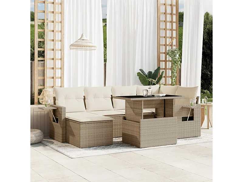7-tlg. Garten-Sofagarnitur mit Kissen Beige Poly Rattan