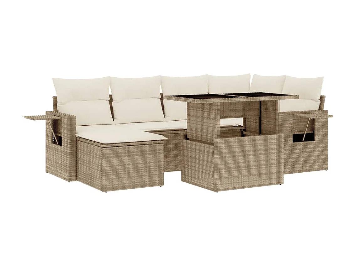7-tlg. Garten-Sofagarnitur mit Kissen Beige Poly Rattan