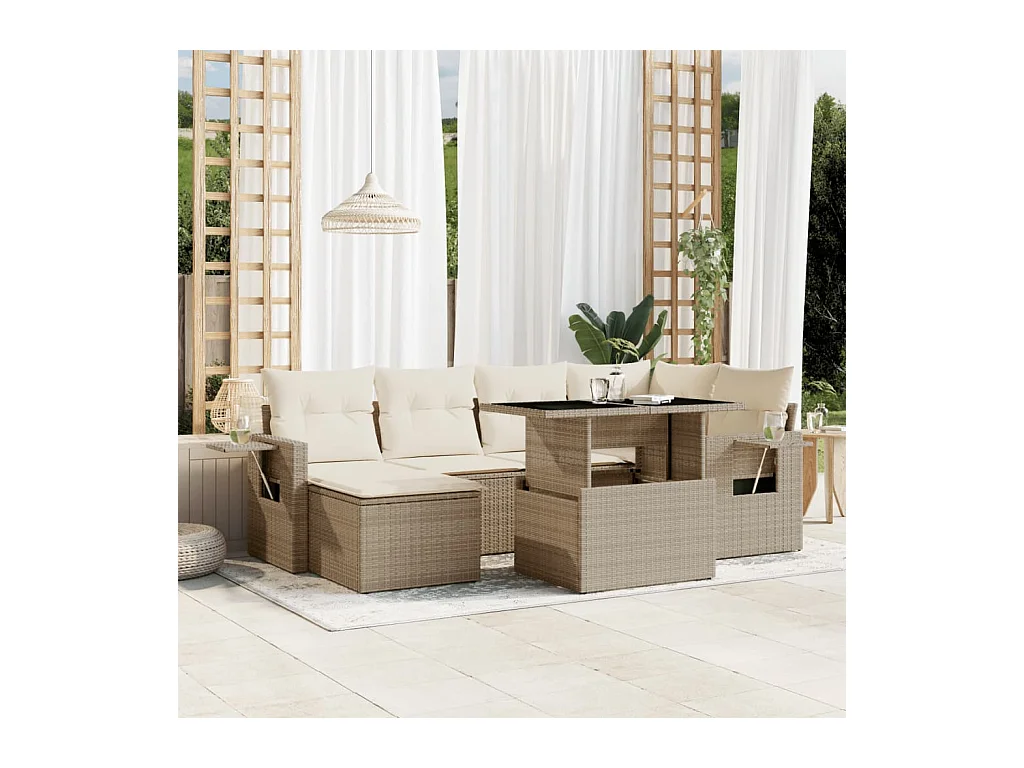 Salon de jardin avec coussins 7 pcs beige résine tressée