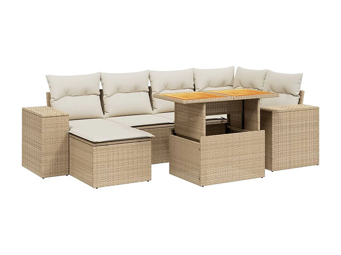 Set Divani da Giardino 7 pz con Cuscini Beige in Polyrattan