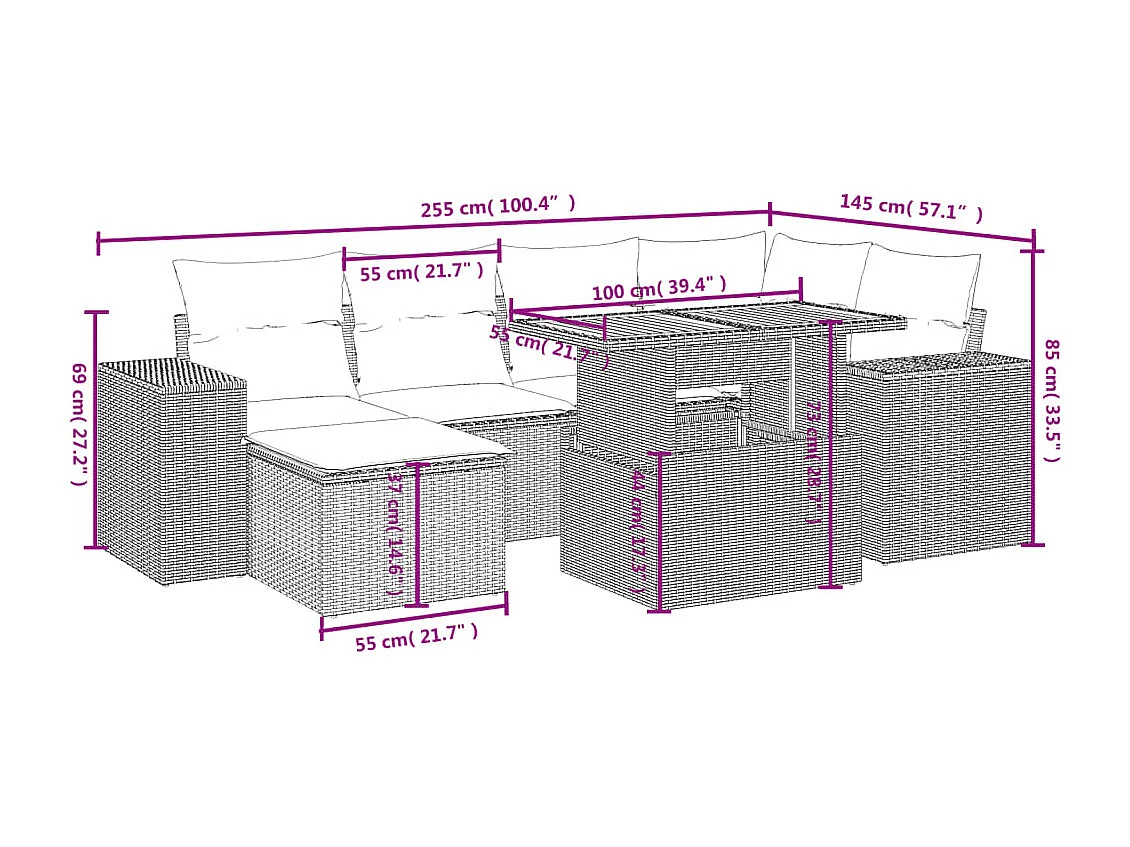 Set Divani da Giardino 7 pz con Cuscini Beige in Polyrattan