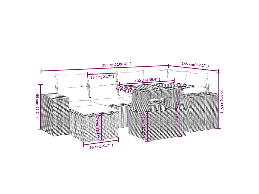 Set Divani da Giardino 7 pz con Cuscini Beige in Polyrattan