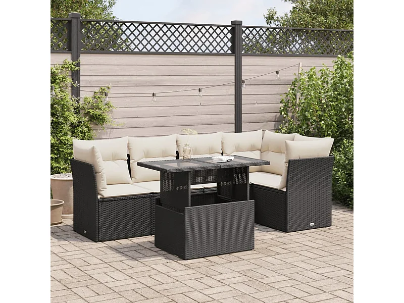 Set de sofás de jardín 6 piezas y cojines ratán sintético negro
