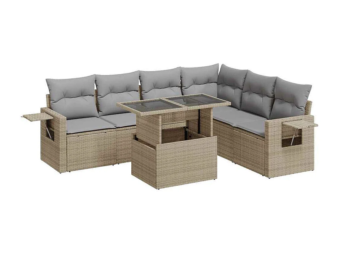 7-delige Loungeset met kussens poly rattan beige