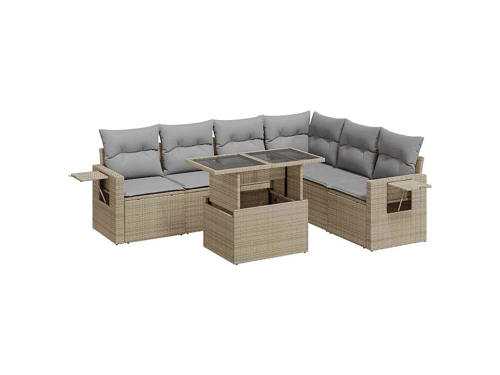 Set sofás de jardín 7 piezas y cojines ratán sintético beige
