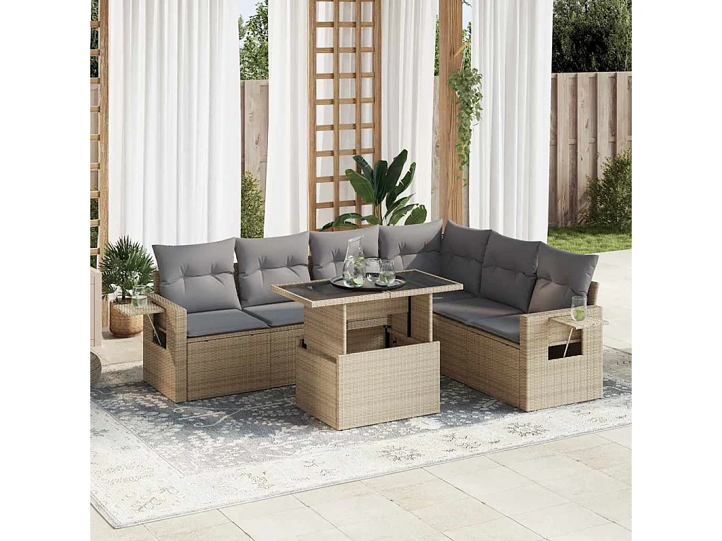 Set sofás de jardín 7 piezas y cojines ratán sintético beige