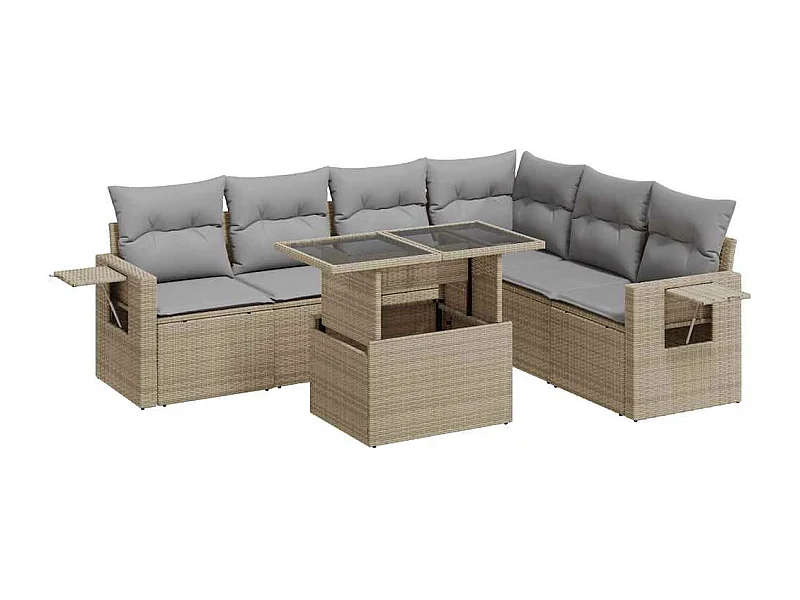 Salon de jardin avec coussins 7 pcs beige résine tressée