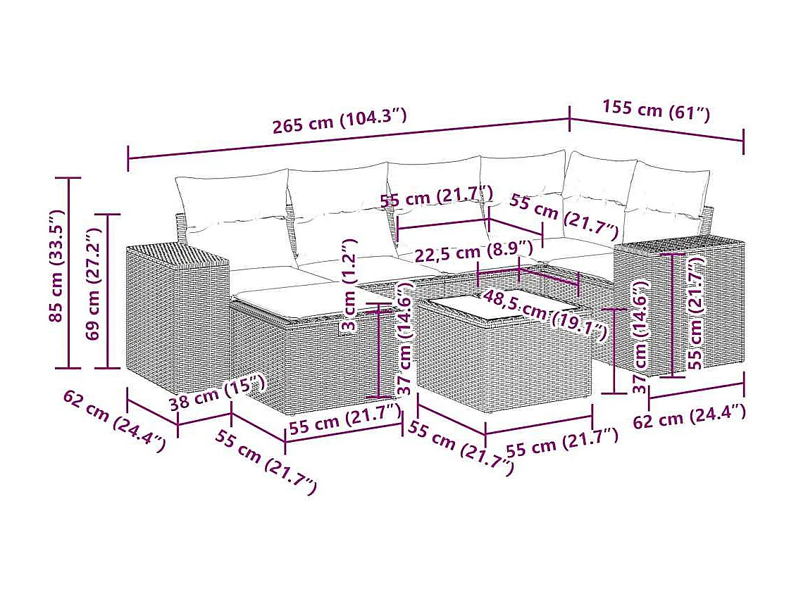 Salon de jardin avec coussins 7 pcs gris clair résine tressée