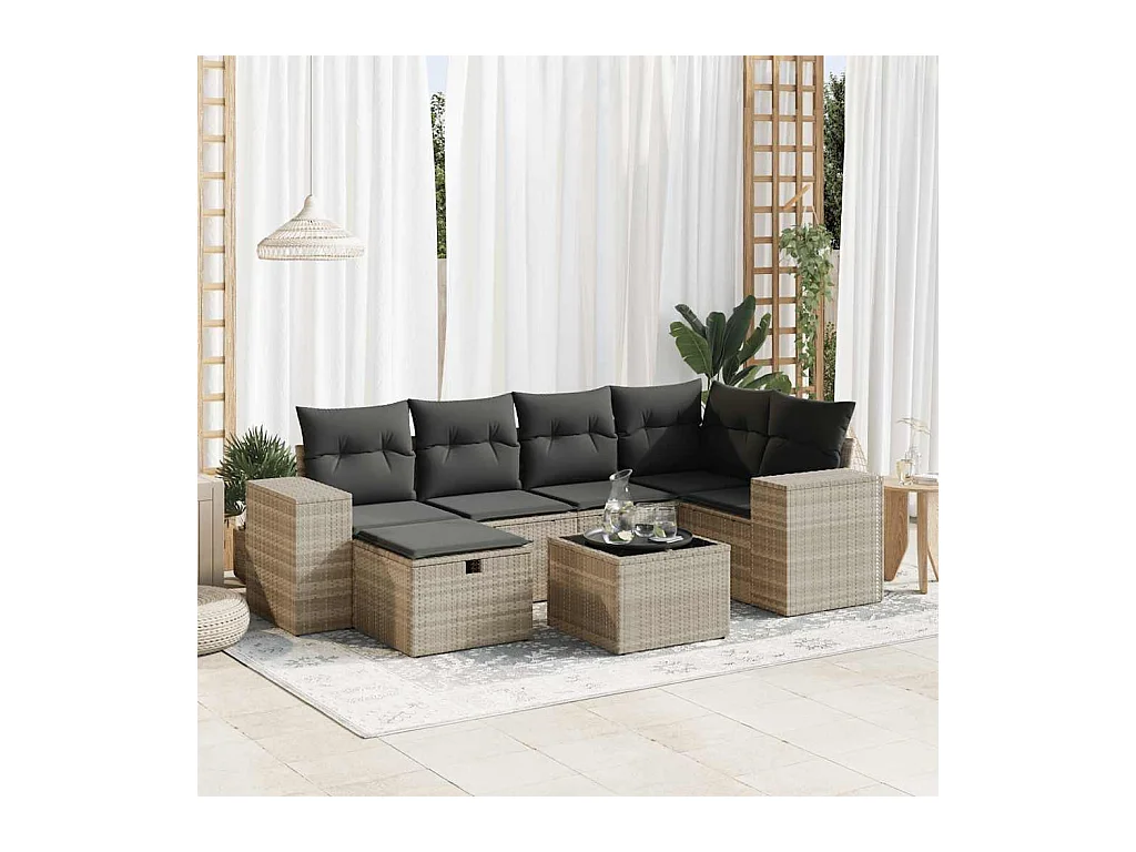 Set Divani da Giardino 7pz con Cuscini Grigio Chiaro Polyrattan
