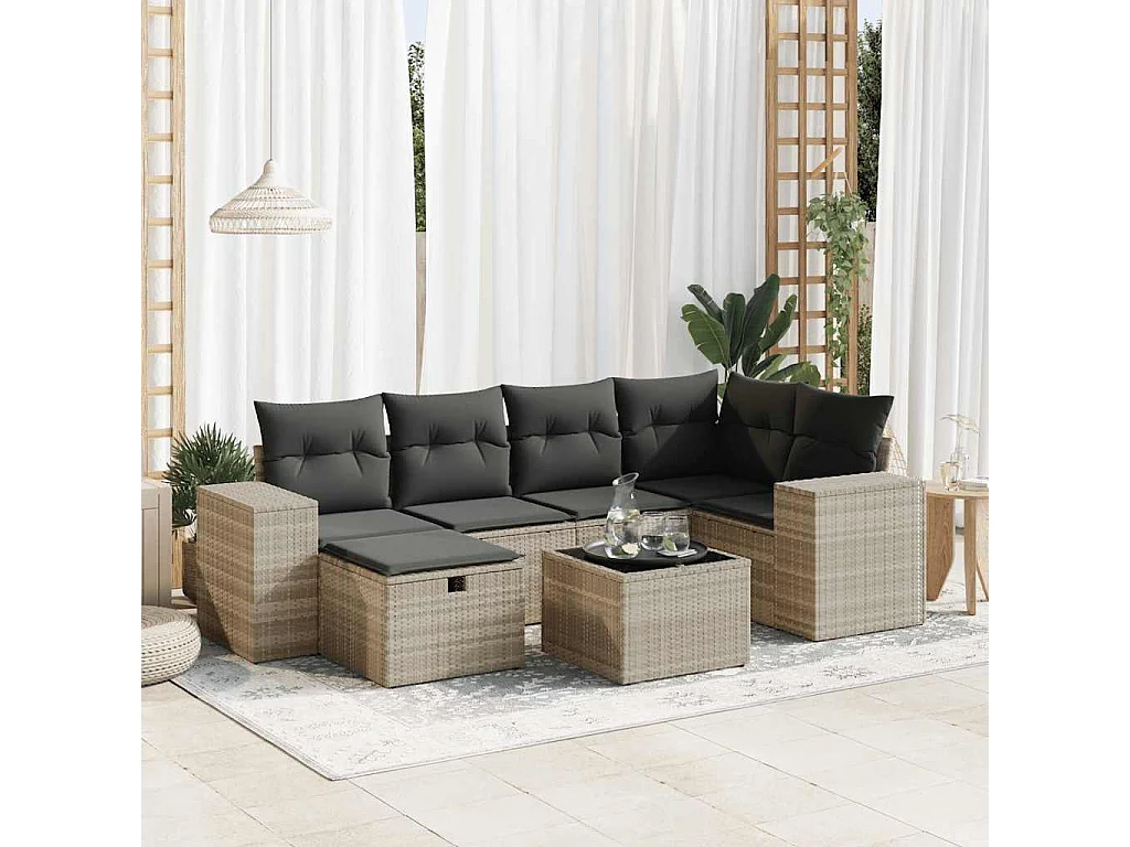 7-tlg. Garten-Sofagarnitur mit Kissen Hellgrau Poly Rattan