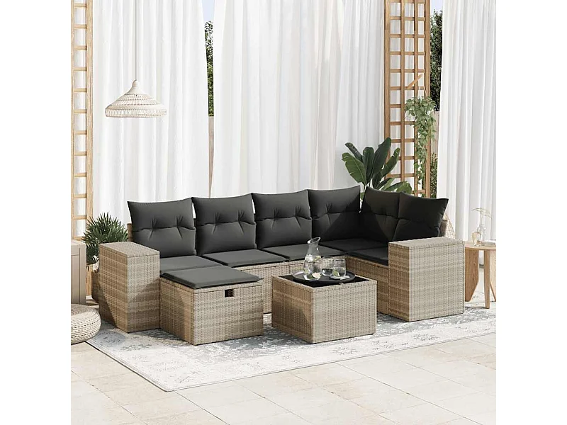 7-tlg. Garten-Sofagarnitur mit Kissen Hellgrau Poly Rattan
