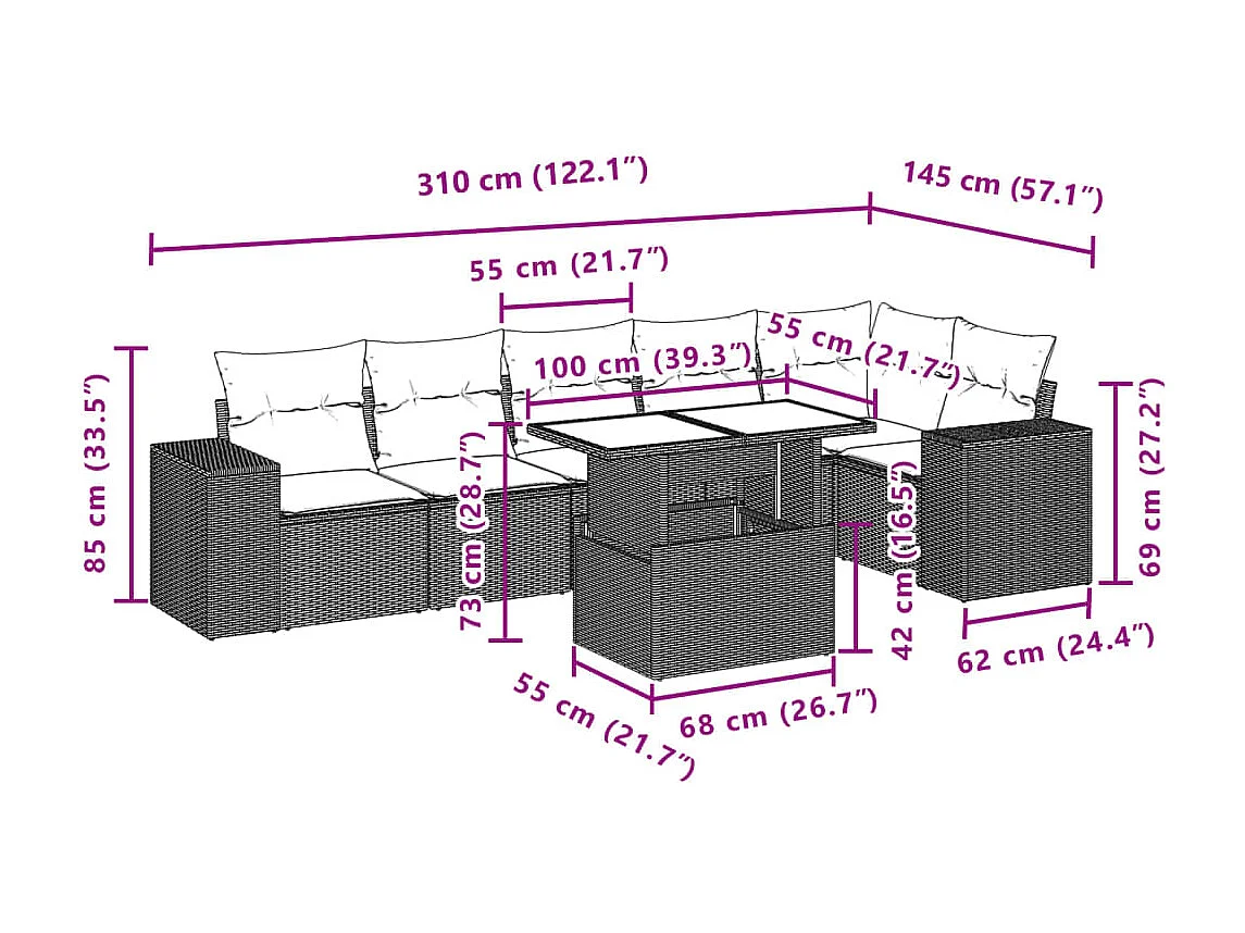 7-delige Loungeset met kussens poly rattan bruin