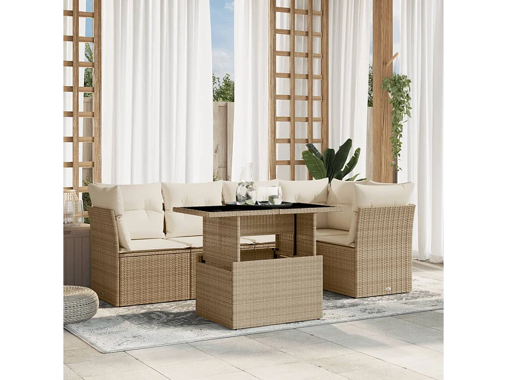 Set Divano da Giardino 6 pz con Cuscini Beige in Polyrattan