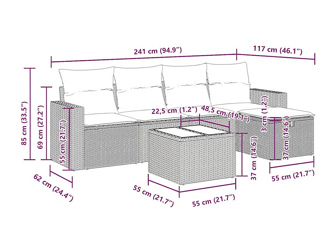 Set Divano da Giardino 6 pz con Cuscini Grigio in Polyrattan