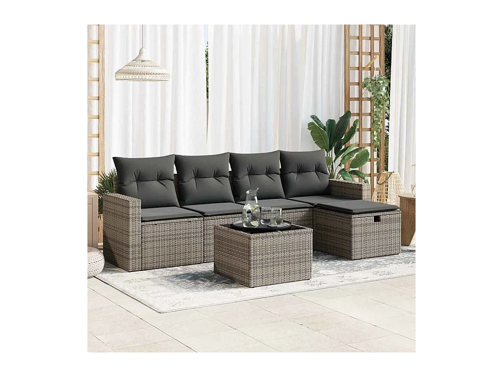 Salon de jardin 6 pcs avec coussins gris résine tressée