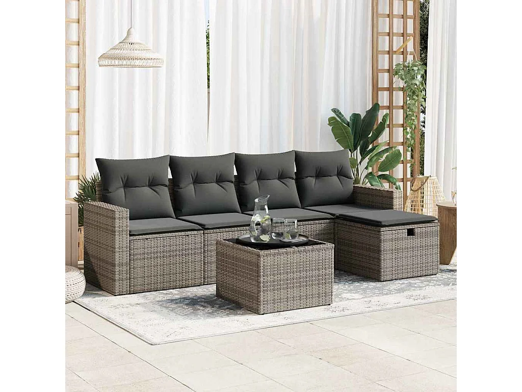 Salon de jardin 6 pcs avec coussins gris résine tressée