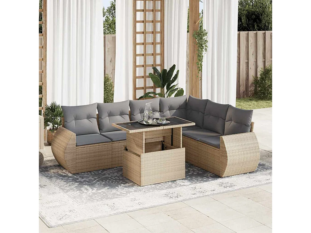 Salon de jardin avec coussins 7 pcs beige résine tressée