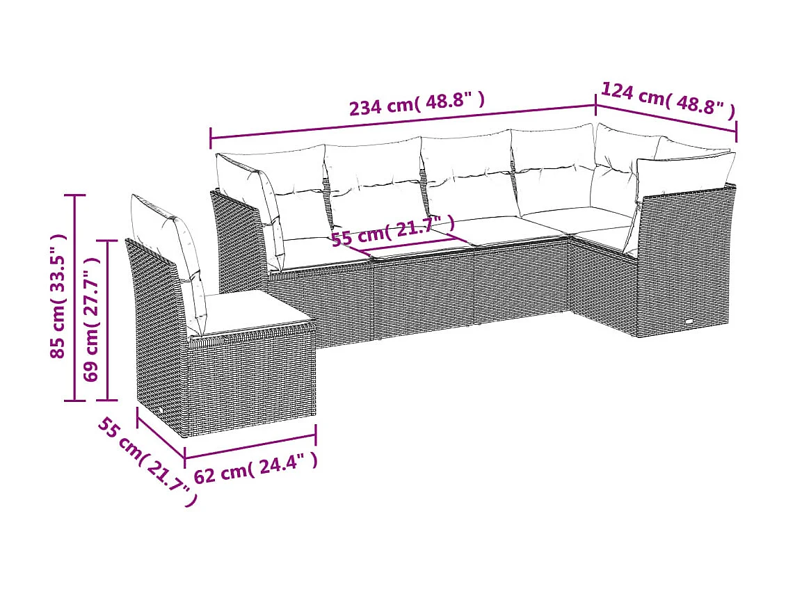 Salon de jardin avec coussins 7 pcs marron résine tressée