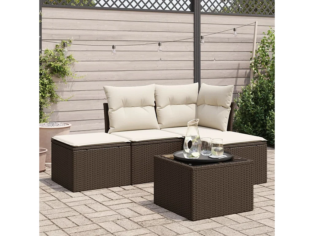 Set Divano da Giardino 5 pz con Cuscini Marrone in Polyrattan