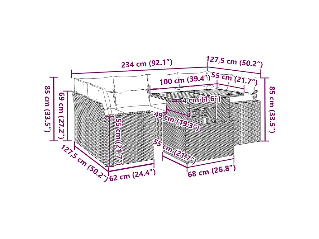 7-tlg. Garten-Sofagarnitur mit Kissen Schwarz Poly Rattan