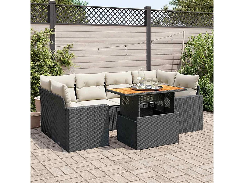 Set de sofás de jardín 7 pzas con cojines ratán sintético negro