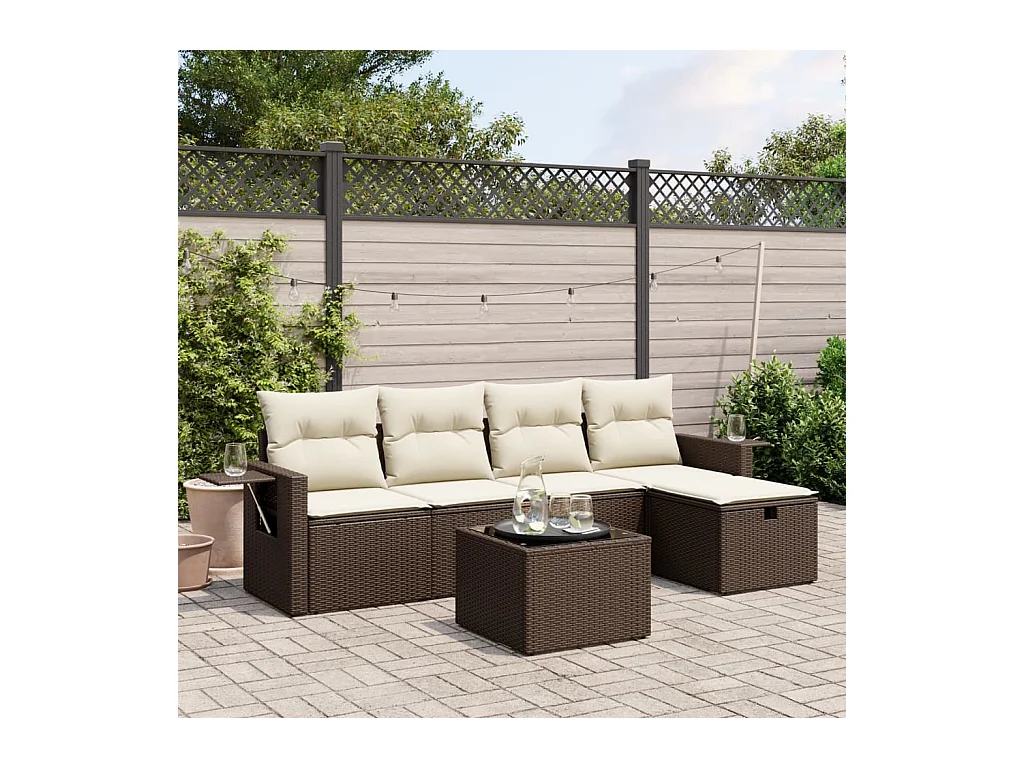 Salon de jardin avec coussins 6 pcs marron résine tressée