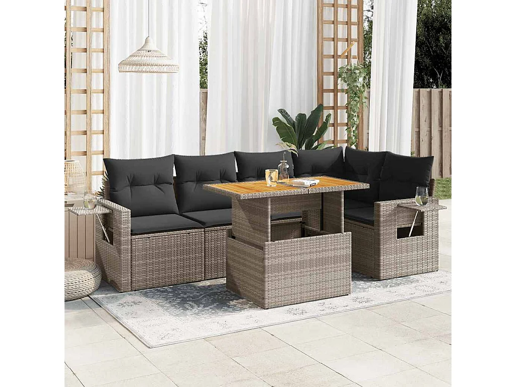 Salon de jardin 6 pcs avec coussins gris résine tressée