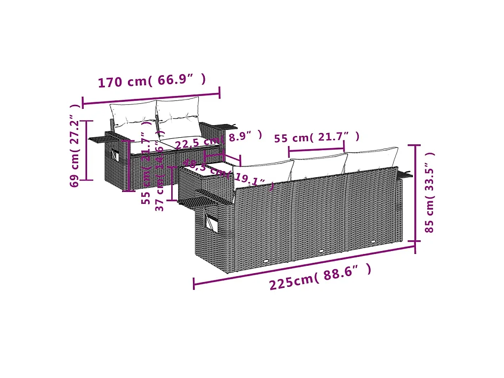 6-delige Loungeset met kussens poly rattan bruin