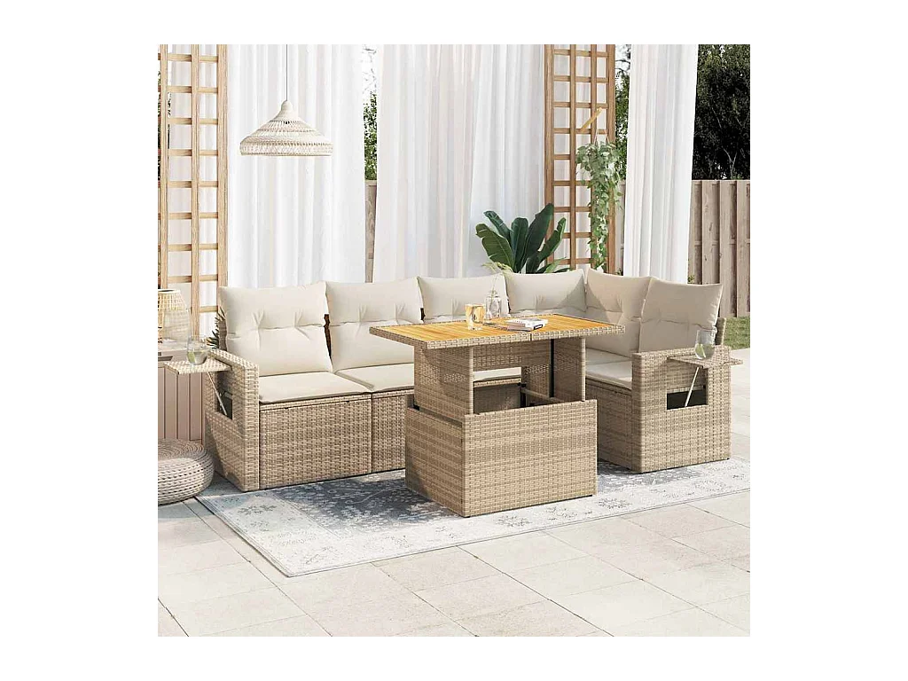 6-tlg. Garten-Sofagarnitur mit Kissen Beige Poly Rattan