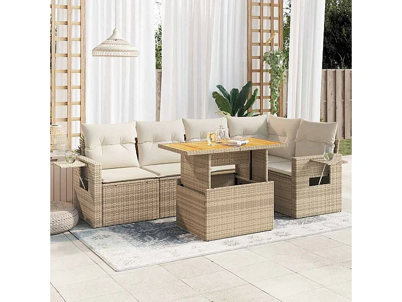 6-delige Loungeset met kussens poly rattan beige